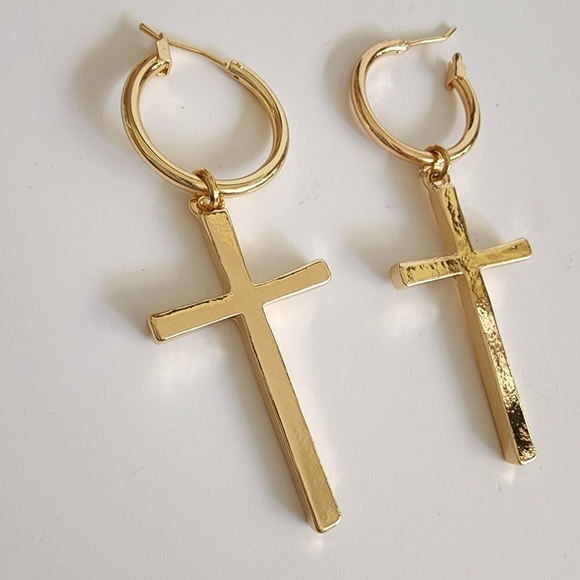 NEW Golden Cross Metal Hoop Dangle Earrings - Picture 6 of 8